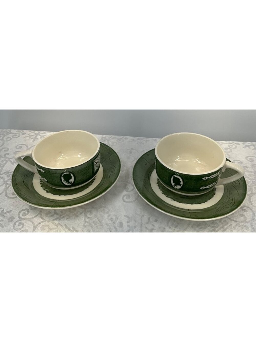 Royal Colonial Homestead Green Transferware Cup & Saucer Set/2